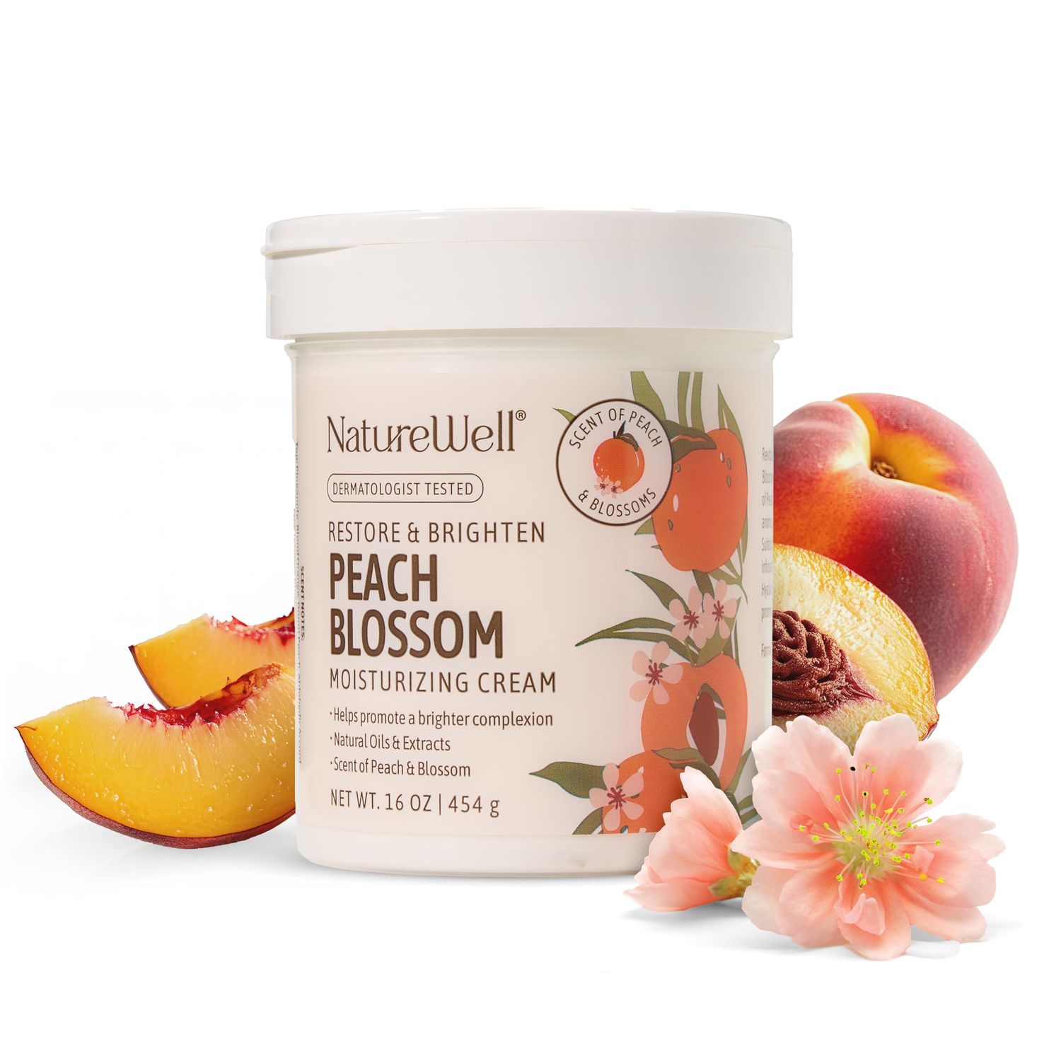 NATURE WELL Peach Blossom Restore &amp; Brighten Moisturizing Cream For Face &amp; Body, Infused With Peach Extract, Niacinamide, &amp; Hyaluronic Acid, Promotes A Brighter Complexion, 16 Oz.