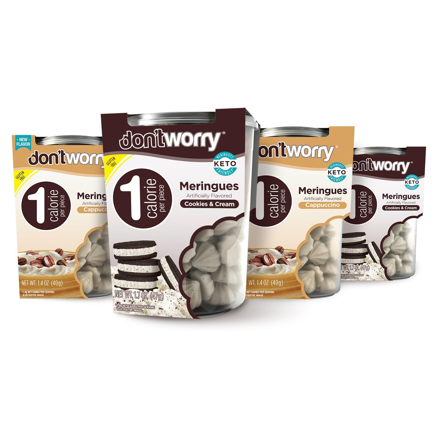 Don&#39;t Worry Low Calorie Meringue Cookies - 4 Pack - Capuccino and Cookies &amp; Cream, Just 1 Calorie per Piece Low Sugar Candy, Gluten Free, Protein Snacks Keto Friendly and Healthy Snacks for Adults