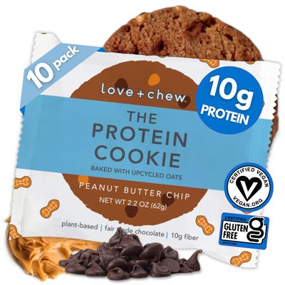 Love Chew Peanut Butter Chip 10 Count Cookies - GF, Vegan, Paleo, Non GMO - Individually Wrapped, 2oz Soft Baked Cookies, Made from High Protein Chickpeas &amp; Upcycled Oat Flour