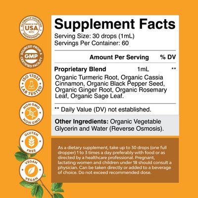 Organic Turmeric Liquid Drops for Adults - Turmeric Curcumin with Black Pepper, Cinnamon & Ginger Extract Liquid for Joint Pain, Mobility & Inflamation - Curcumin Drops for Immune Support - 60ml 2oz