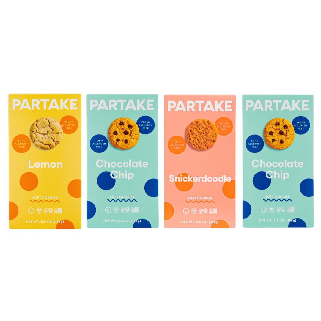 Gluten Free Partake Soft Vegan Cookies - 4 Box Variety Pack Vegan Dairy Free, Nut Free, Egg Free, Wheat Free, Soy Free, Safe School Snack