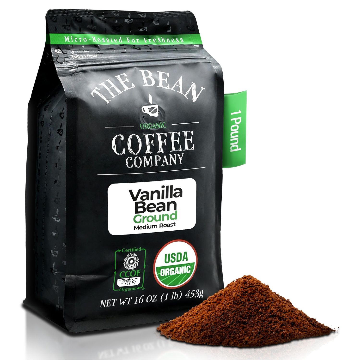 The Bean Organic Coffee Company Vanilla Bean, Medium Roast, Ground Coffee, 16-Ounce Bag,Cafe molido tostado organico