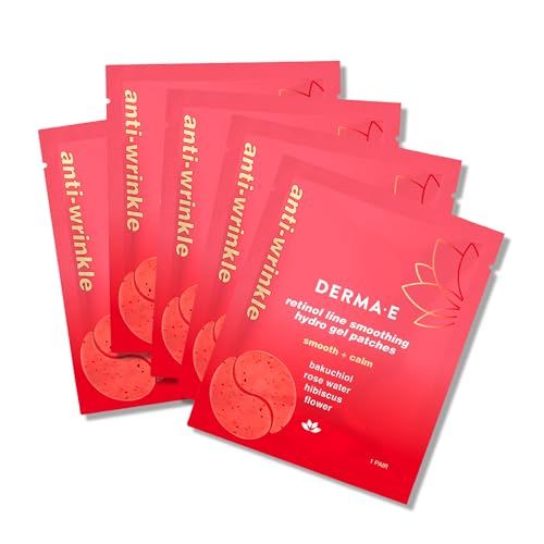 DERMA E Retinol Bakuchiol Under Eye Patches 5 Pairs Non-Irritating, Line Smoothing Hydro Gel Eye Patches with Rose Water &amp; Real Hibiscus Petals, Helps Reduce Fine Lines, Crows Feet &amp; Wrinkles,10Ct