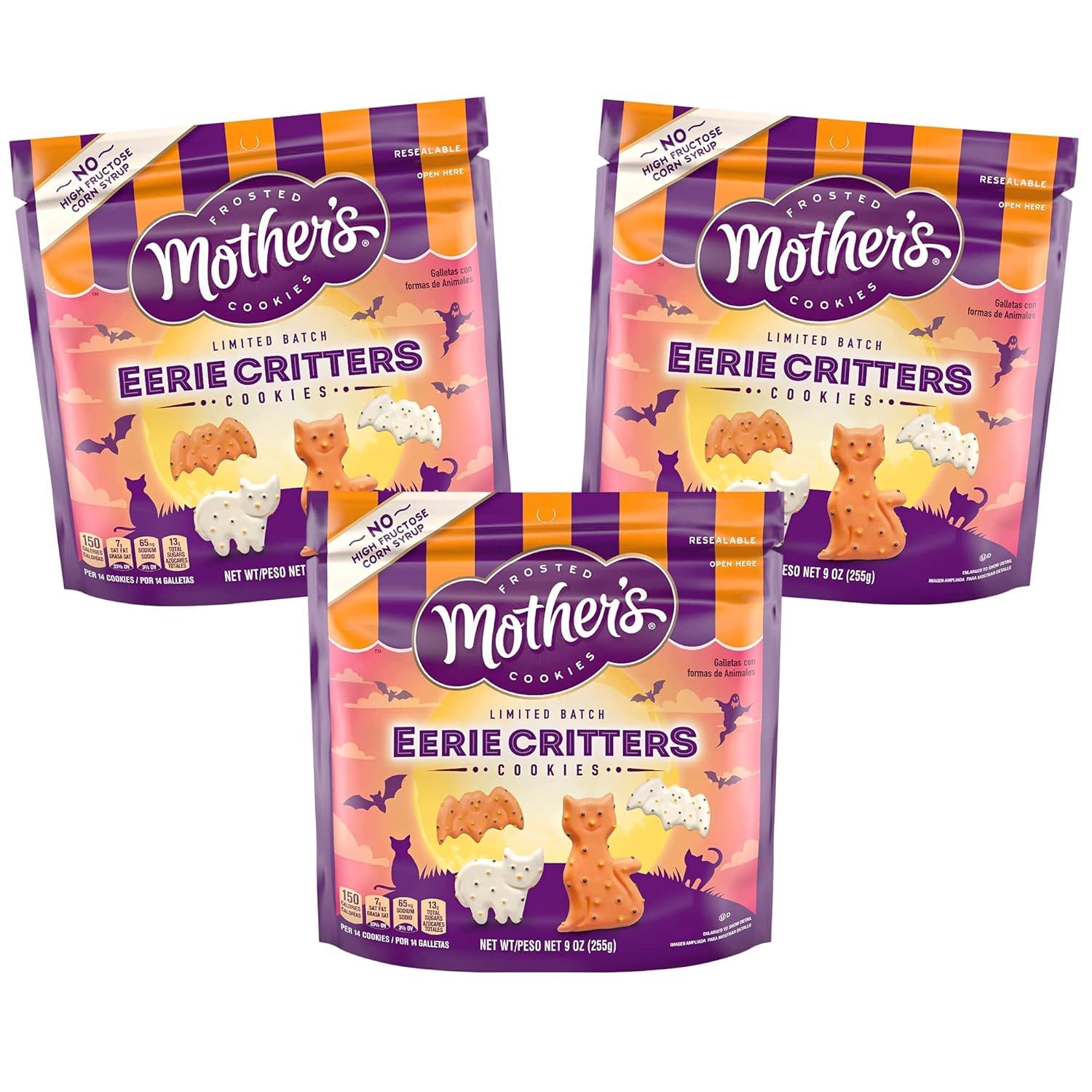 Halloween Circus Animal Frosted Limited Batch Eerie Critters Mother&#39;s Cookies, BUNDLE of 3, Spooky Bat and Cat Shapes, 9 oz, Great for Trick or Treaters, Birthdays Party bag, Sweet Snacks