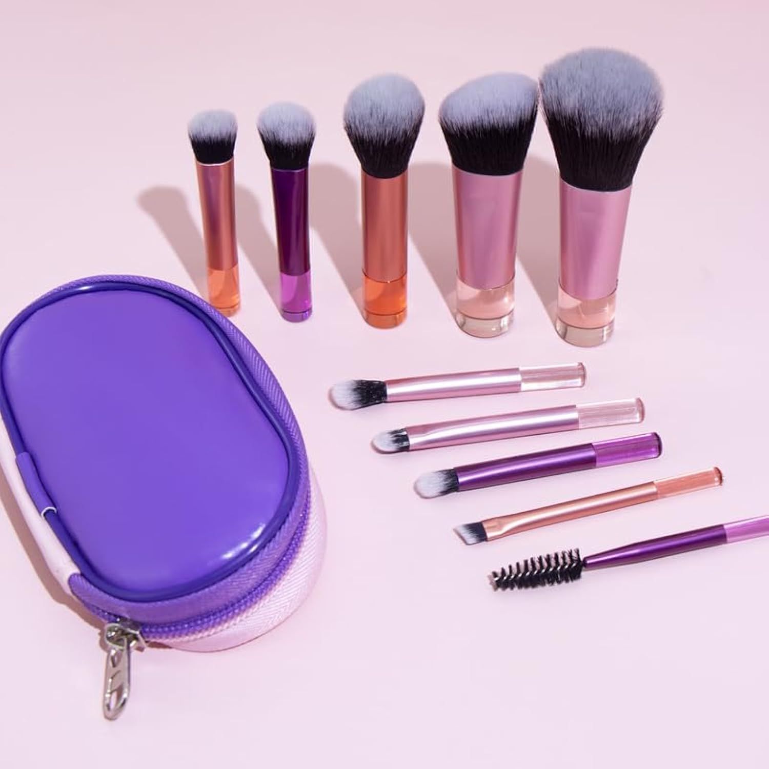 Portable ON THE GO Makeup Brush Set, COSHINE 10pcs Easy-taken Mini Full Complete Function Cosmetic Brushes Kit with Brush Pouch colorful