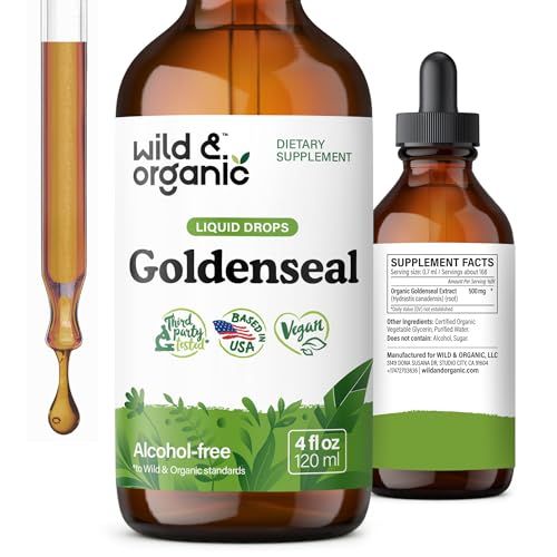 Wild &amp; Organic Goldenseal Tincture - Lung &amp; Digestive Support - Goldenseal Root Extract Liquid Drops - Vegan, Sugar &amp; Alcohol-Free Herb Supplement - 4 fl oz