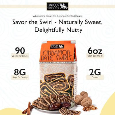 Darious Snack Co VEGAN and PALEO Cinnamon Date Swirls for Delicious BreakFast, Slightly Sweet and Savory Snacks, All Natural Ingredients, Holiday Food Gifts, 6 oz Bag