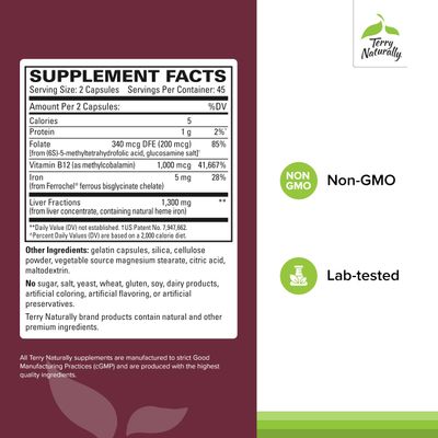 Terry Naturally Liver Fractions - Endurance &amp; Energy Support with Gentle Iron - Dietary Supplement Supports Healthy Red Blood Cell Formation - Iron Supplement for Liver Health - 90 Capsules