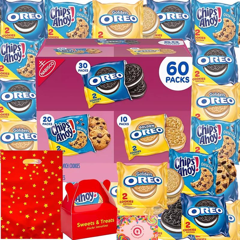 Oreo &amp; Chips Ahoy Variety Pack Golden Sandwich, Chocolate Cookies, Chip Ahoy Original Bulk Care Package Individually Wrapped Dunkable Shareable Snack Muchai Treat Bag 60 Packs 2 Cookie Per