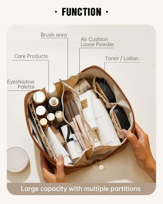 EACHY Travel Makeup Bag,Large Capacity Cosmetic Bags for Women,Waterproof Portable Pouch Open Flat Toiletry Bag Make up Bag with Divider and Handle, Gifts for Women Brown, Medium