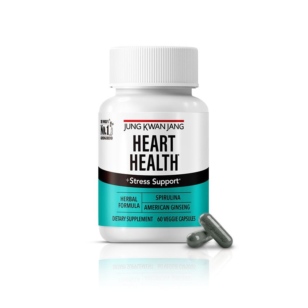 JungKwanJang Heart Health with Spirulina 1,000mg and American Ginseng 143mg - Supports Immune System, Heart, Energy, 60 Herbal Capsules for Men and Women