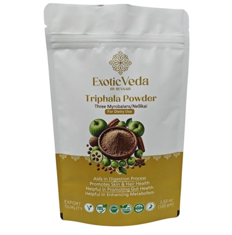 Exotic Veda Organic Triphala Powder - Detox Cleanse for Lung, Liver, Colon, and Gut Health - Herbal Skin Care and Fiber Powder - Detox Ghrita and Triphala Organic India - 100g