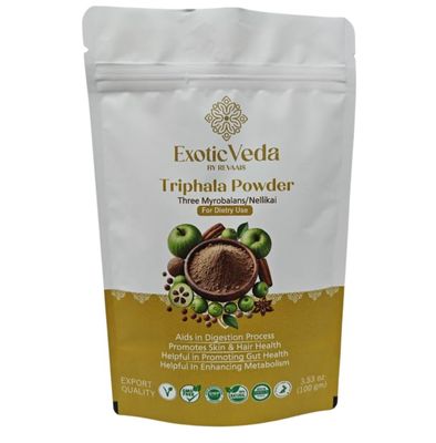 Exotic Veda Organic Triphala Powder - Detox Cleanse for Lung, Liver, Colon, and Gut Health - Herbal Skin Care and Fiber Powder - Detox Ghrita and Triphala Organic India - 100g