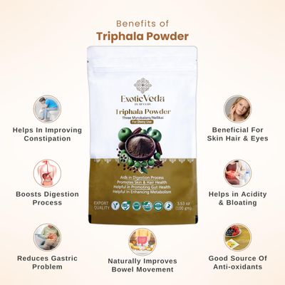 Exotic Veda Organic Triphala Powder - Detox Cleanse for Lung, Liver, Colon, and Gut Health - Herbal Skin Care and Fiber Powder - Detox Ghrita and Triphala Organic India - 100g
