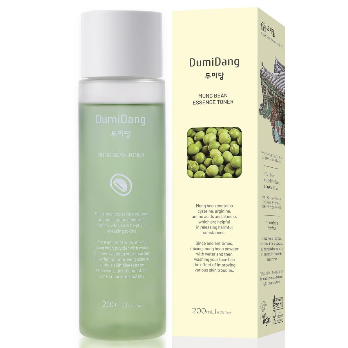 DumiDang Mung Bean Essence Toner - Korean Traditional Vegan Skincare Formula, Hydrating and Detoxifying with Fermented Mung Bean Extract and 8 Bean Complex, 200mL 6.75fl. oz., Green