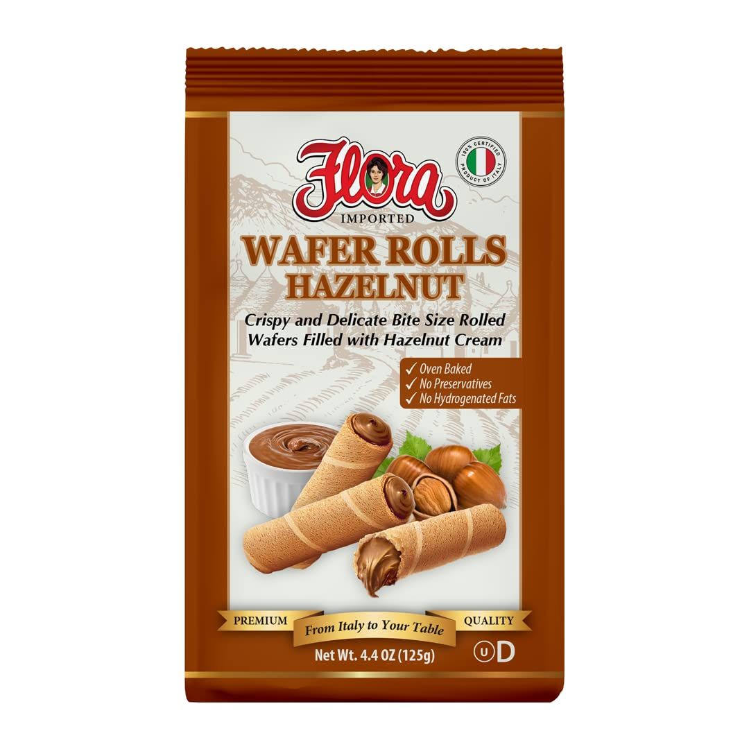 Flora Wafer Rolls Hazelnut - Italian Rolled Wafers with Hazelnut Cream - Light &amp; Crispy Oven Baked Snack - 4.4 oz 125g