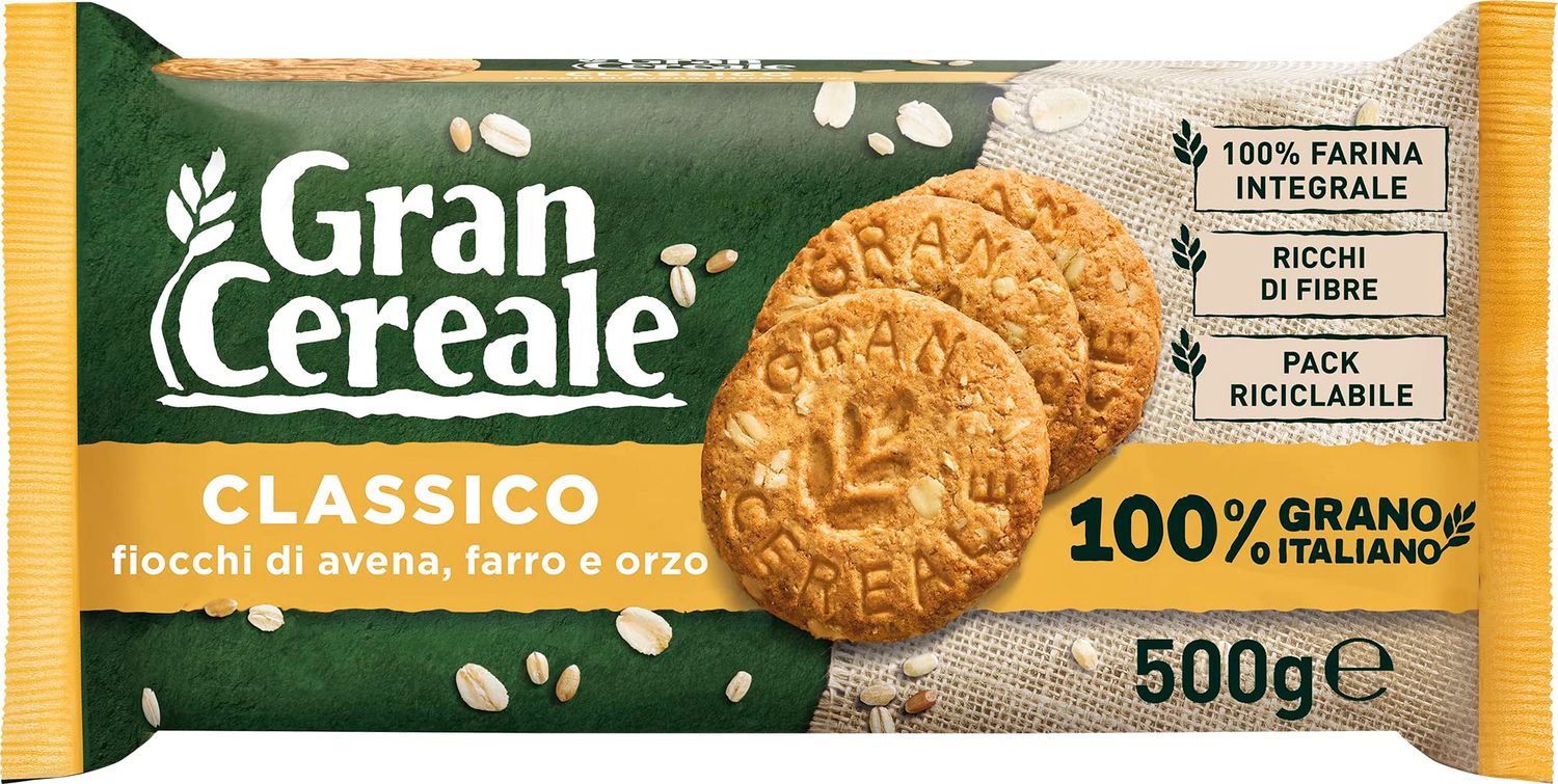 Mulino Bianco: Gran Cereale Classico Cereals Cookies, Classic Taste, High in Fibers Biscuits 17.63 Ounces 500g Package Italian Import