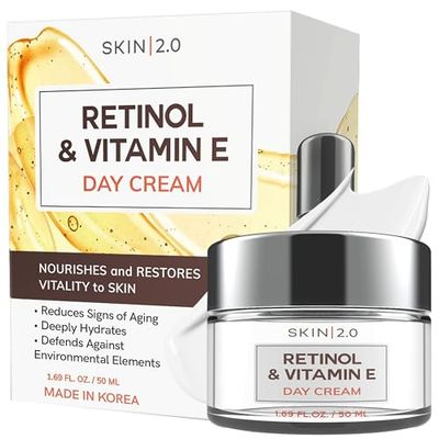 Skin 2.0 Retinol &amp; Vitamin E Face Moisturizer - Dermatologist Tested, Hydrating, Restores Sun-Damaged Skin, Anti-Aging - Reduces Acne Scars, Clean Beauty, Cruelty-Free Korean Skincare - 1.69 Fl oz