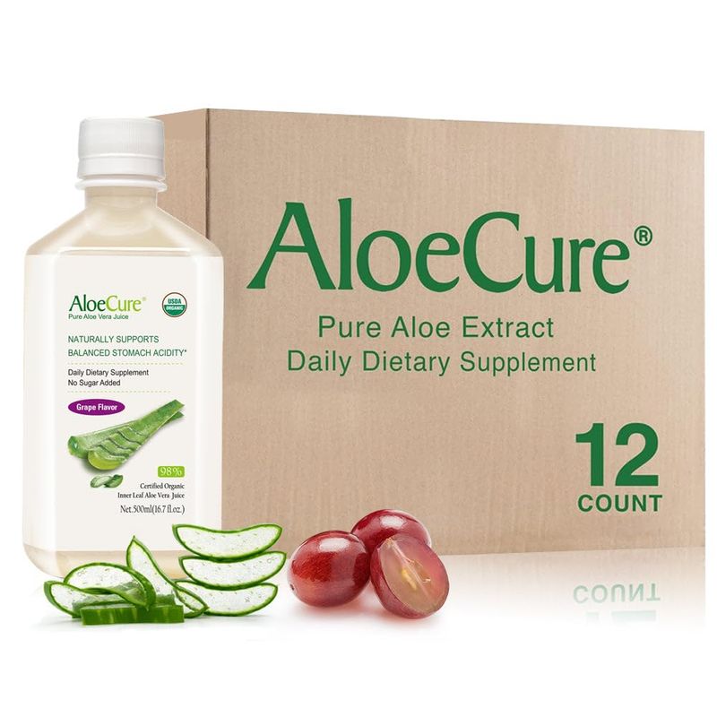 AloeCure USDA Organic Aloe Vera Juice Grape Flavor, Made Within 12 Hours of Harvest - Pure Aloe Vera Digestive &amp; Immune Health Supplement, Helps Maintain Balanced Stomach Acidity, 16.7oz x 12 Btls