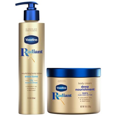 Vaseline Radiant X Skin Care Set -?Even Tone Nourishing Body Lotion with 1 Niacinamide Deep Nourishment Body Cream with Shea Butter &amp; Vitamin C 2 Piece Set