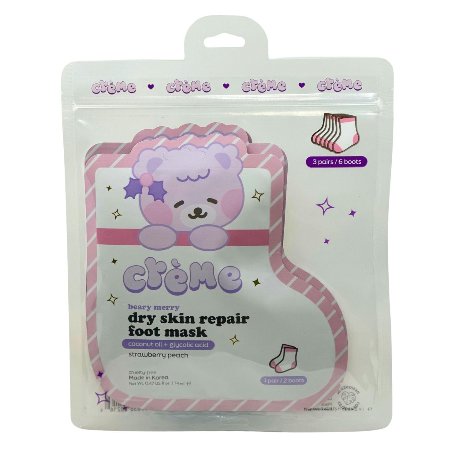 The Creme Shop Boba Bears Beary Merry Dry Skin Repair Foot Mask With Coconut Oil and Glycolic Acid for Dry Feet - Strawberry Peach 3 pc