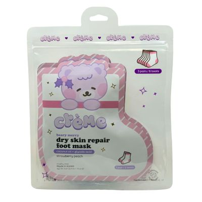 The Creme Shop Boba Bears Beary Merry Dry Skin Repair Foot Mask With Coconut Oil and Glycolic Acid for Dry Feet - Strawberry Peach 3 pc