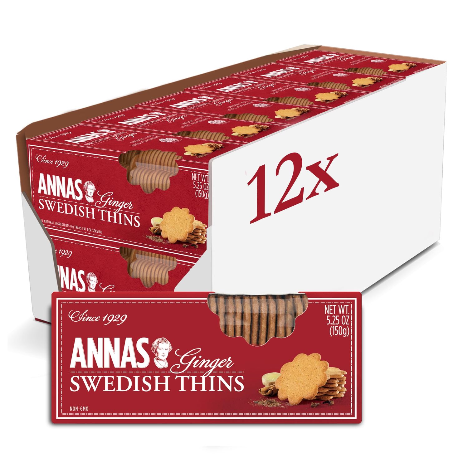 Annas Thins - Ginger Pepparkakor - 5.25 Ounce Pack of 12 non GMO Vegan