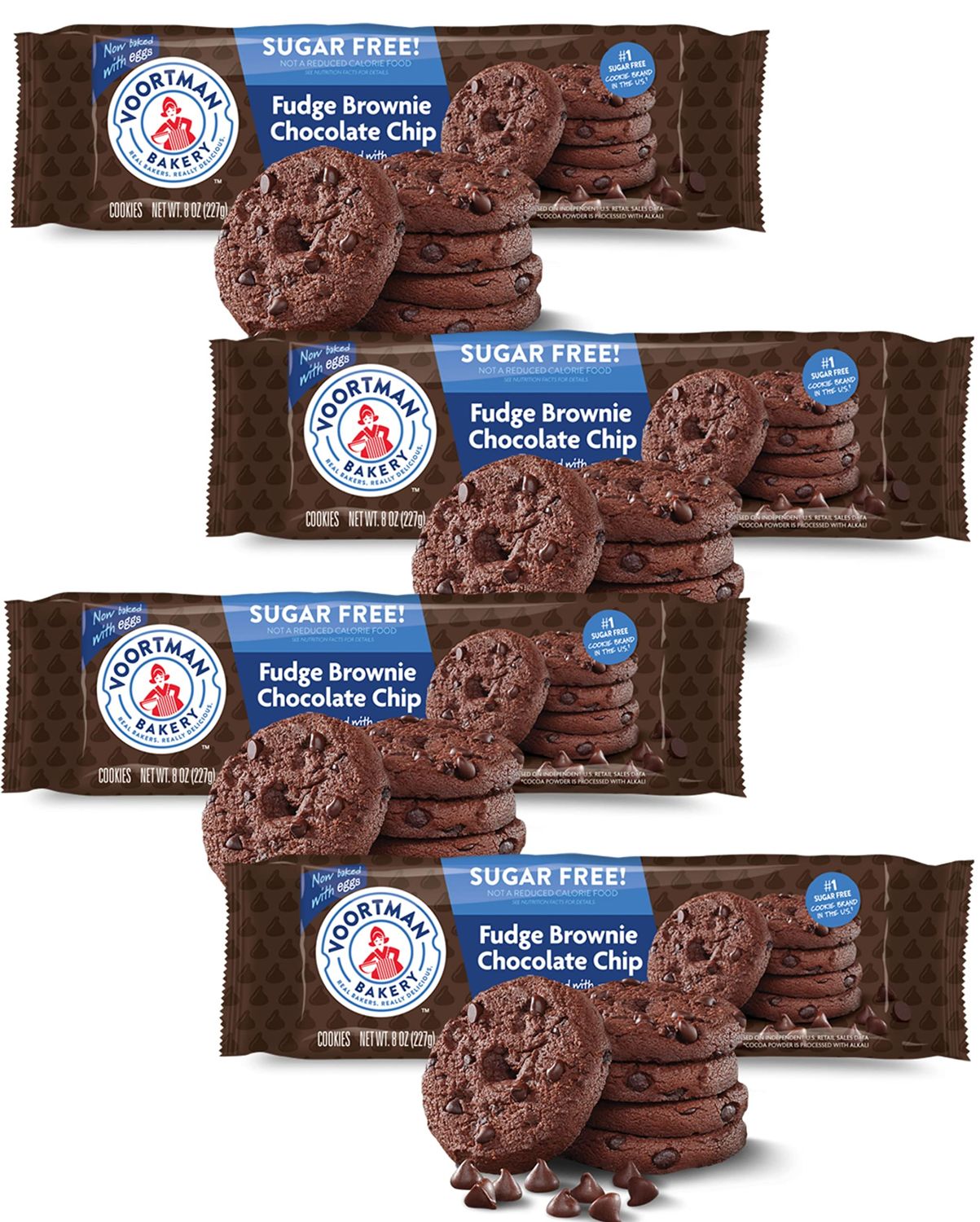 Voortman 1 in U.S. Sugar Free Fudge Brownie Chocolate Chip Cookies Pack of 4 Baked With Real Cocoa