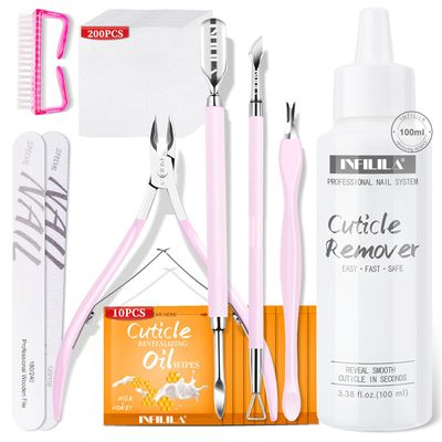 NXJ INFILILA Cuticle Kit, Manicure Kit for Women Cuticle Remover Liquid Cuticle Softener 3.38 oz, Cuticle Trimmer Cuticle Pusher, Cuticle Oil, 200PCS Nail Wipes with Nail Wipes, Gifts for Nail Care