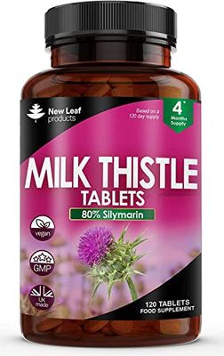 New Leaf Products Milk Thistle 1000mg Tablets 4 Month Supply High Strength 2000mg 80 Silymarin, Vegan Tablets, GMO-Free, Gluten-Free 120 Tablets