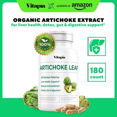 Vitapia Organic Artichoke Leaf Extract for Healthy Digestion, Liver Health & Functions, Antioxidant Support - 10:1 Ratio & 180 Veggie Capsules - Non-GMO, Gluten-Free, Vegan-Friendly