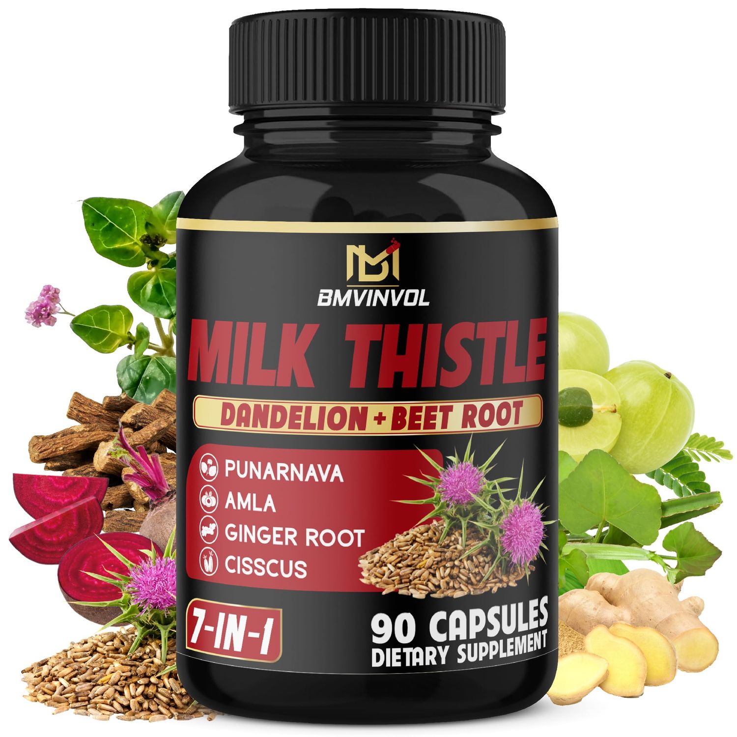 BMVINVOL Milk Thistle Capsules with Beet Root, Punarnava, Amla, Ginger, Dandelion, Cissus - 90 Count - 3 Month Supply