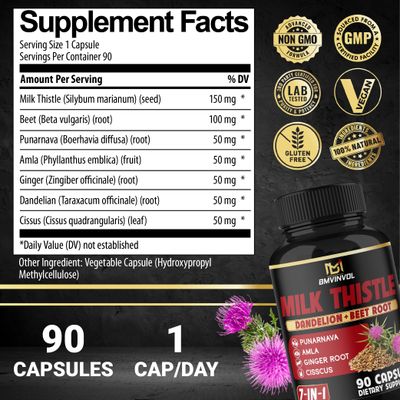 BMVINVOL Milk Thistle Capsules with Beet Root, Punarnava, Amla, Ginger, Dandelion, Cissus - 90 Count - 3 Month Supply