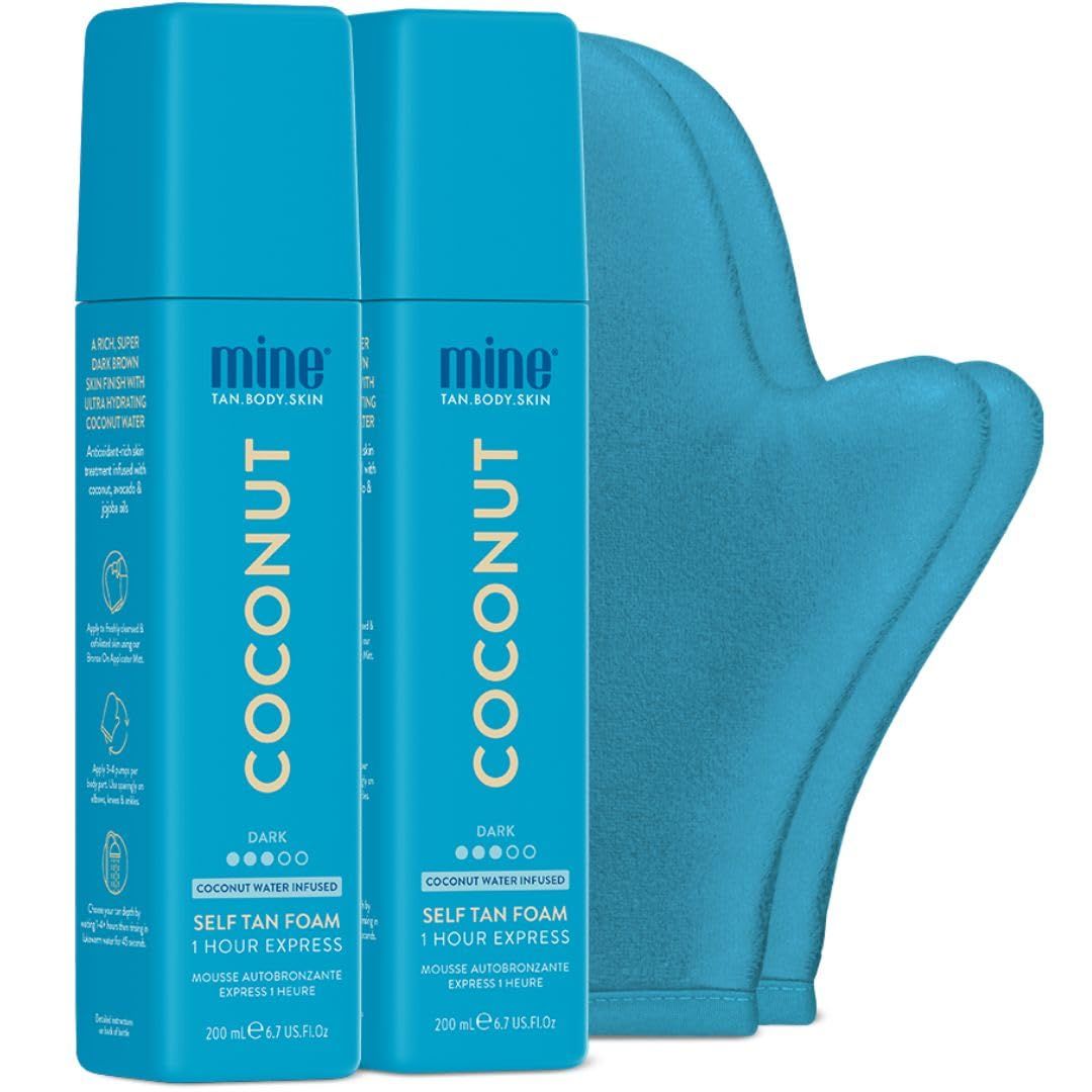 MineTan Coconut Duo Self Tan Bundle Express 1 Hour - Includes 2 Coconut Sunless Tanner Mousses, Application Mitt, &amp; Exfoliating Glove for Tan Removal &amp; Prep