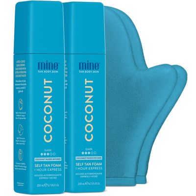 MineTan Coconut Duo Self Tan Bundle Express 1 Hour - Includes 2 Coconut Sunless Tanner Mousses, Application Mitt, &amp; Exfoliating Glove for Tan Removal &amp; Prep