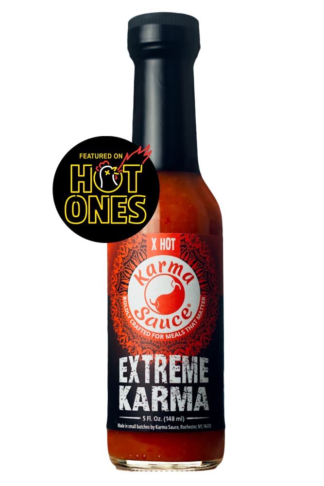 Extreme Karma Featured on Hot Ones! Extra Hot With A Savory-Sweet Tang Bhut Jolokia, Trinidad, Moruga Scorp No Preservatives, No Extracts Made In Finger Lakes, USA 5 fl. oz bottle