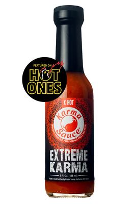Extreme Karma Featured on Hot Ones! Extra Hot With A Savory-Sweet Tang Bhut Jolokia, Trinidad, Moruga Scorp No Preservatives, No Extracts Made In Finger Lakes, USA 5 fl. oz bottle