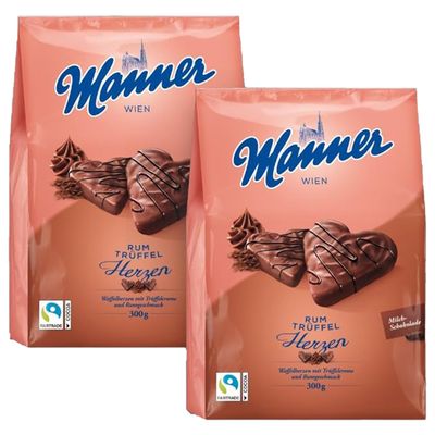 Manner Original Cocoa Cream Wafer - Austrian Wafers Flavored with Cocoa Cream &amp; Milk Chocolate - Heart-Shaped Chocolate Wafers Ideal for On-the-Go - 2 Pack