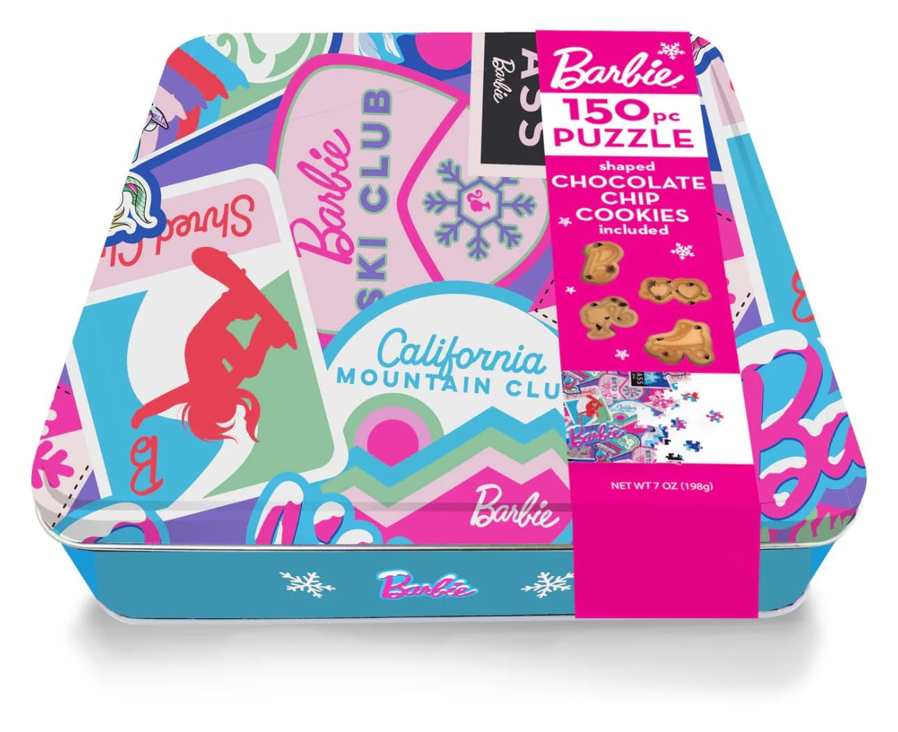 Barbie Winter Puzzle Tin w 7oz Barbie shaped Chocolate Chip Cookies