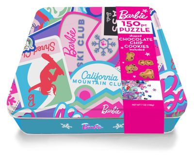 Barbie Winter Puzzle Tin w 7oz Barbie shaped Chocolate Chip Cookies