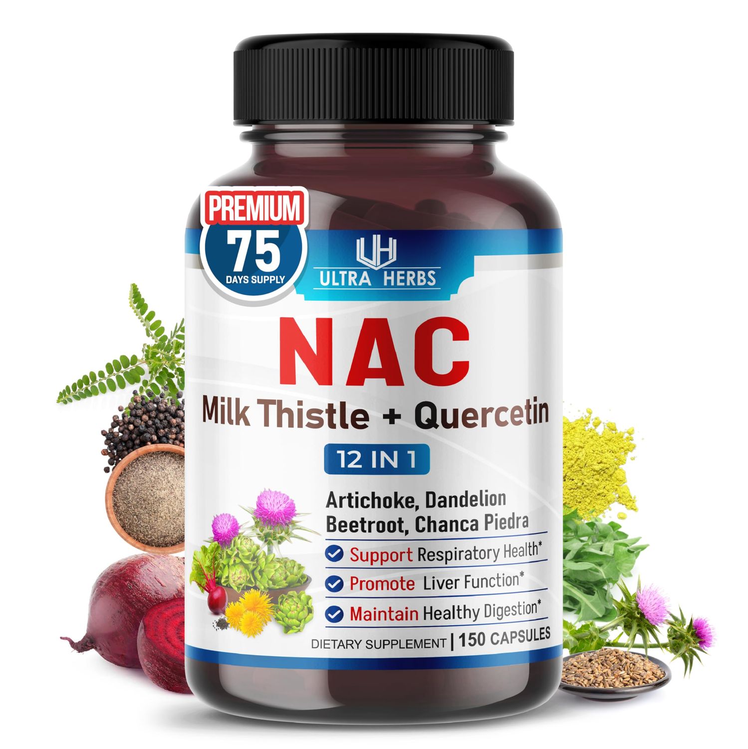 NAC Supplement N-Aetyl Cysteine Enriched with Milk Thistle, Quercetin - Support Immunity, Respiratory Health &amp; Liver Detox 150 Capsules