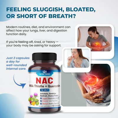 NAC Supplement N-Aetyl Cysteine Enriched with Milk Thistle, Quercetin - Support Immunity, Respiratory Health &amp; Liver Detox 150 Capsules
