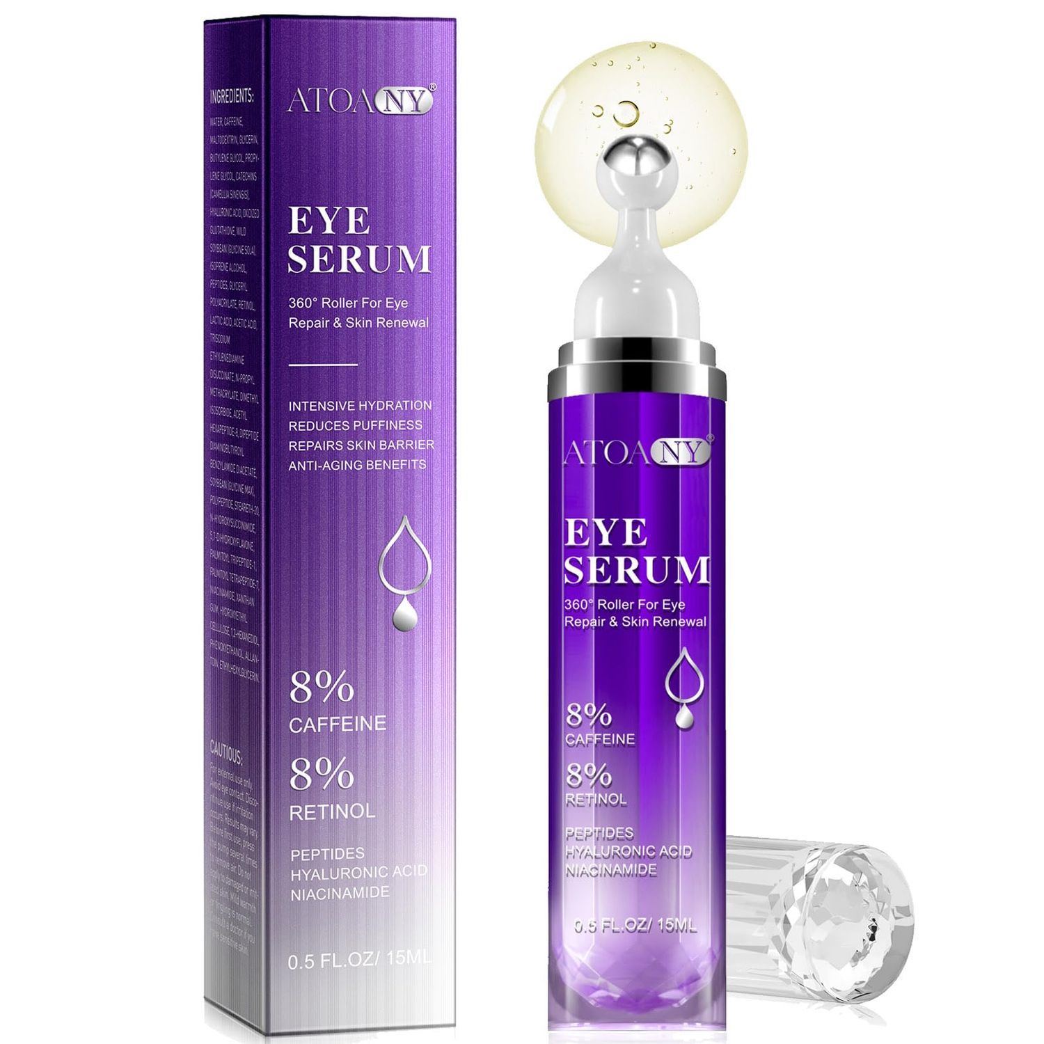 Eye Serum for Dark Circles and Puffiness with 8 Caffeine 8 Retinol Hyaluronic Acid Niacinamide, Under Eye Cream Anti Aging for Puffiness and Bags with 360 Eye Roller Ball for Women