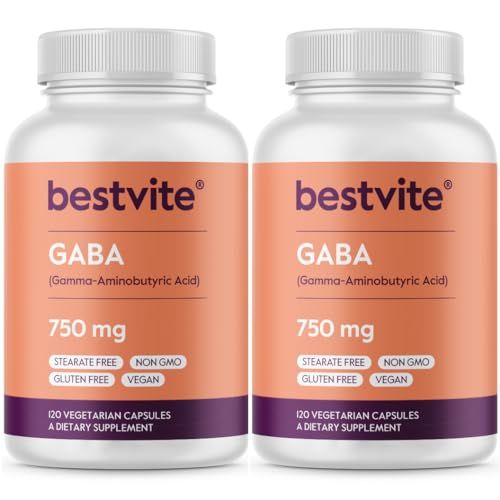 BESTVITE GABA 750mg per Capsule 240 Vegetarian Capsules 120 x 2 - No Stearates - No Fillers - Vegan - Gluten Free - Non GMO