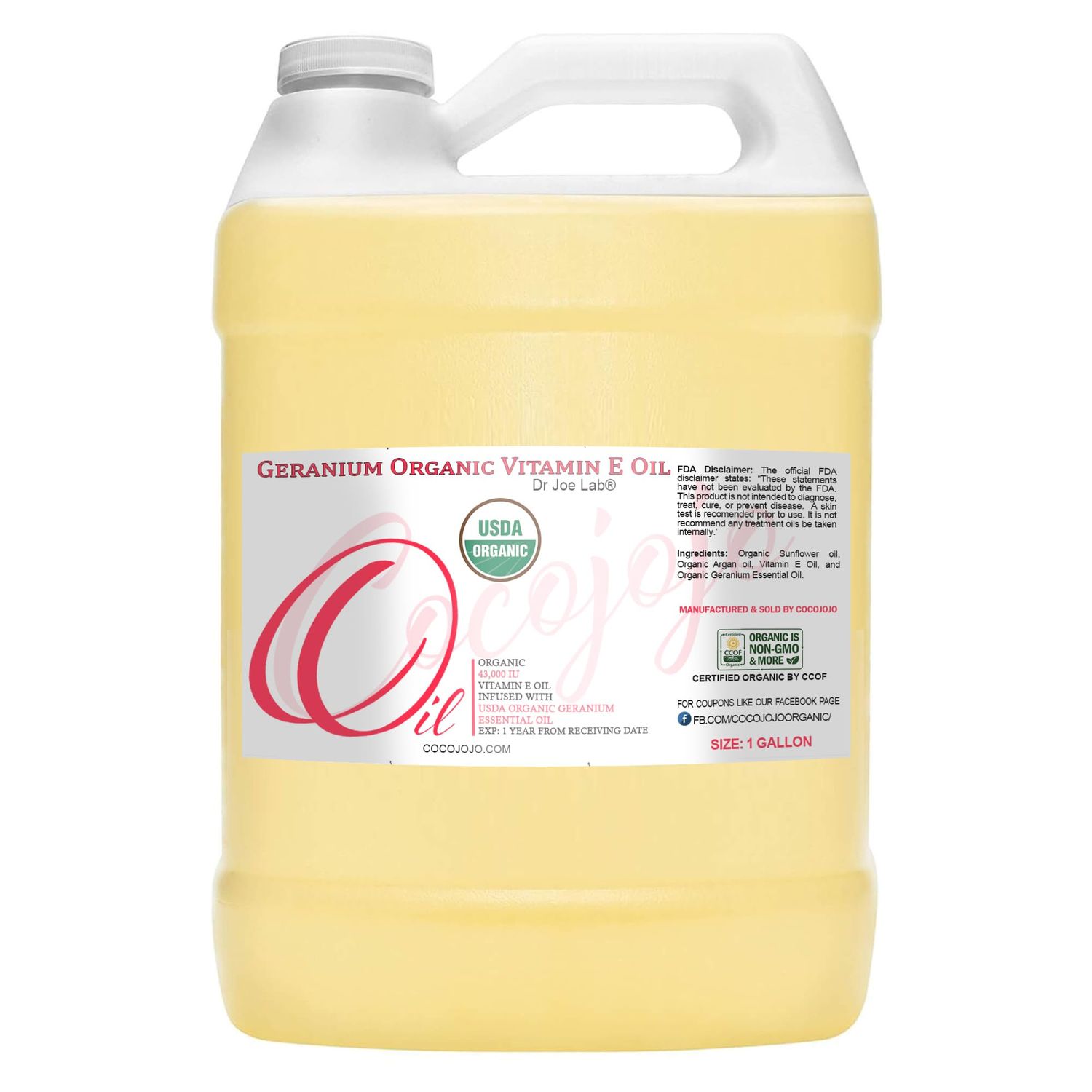 Dr Joe Lab Organic Vitamin E and Geranium Essential Oil Infused Blend - Natural 43,000 IU Non-GMO Vegan Multi-Use for Skin Hair Face Body Moisture for Daily Use 128 oz 1 Gallon