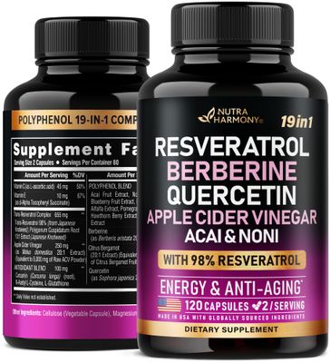 Resveratrol Supplement - 19-in-1 Organic Polyphenol Complex - Noni Extract Berberine Quercetin Apple Cider Vinegar Acai - Made in USA - Antioxidant &amp; Heart Health Support - 120 Capsules