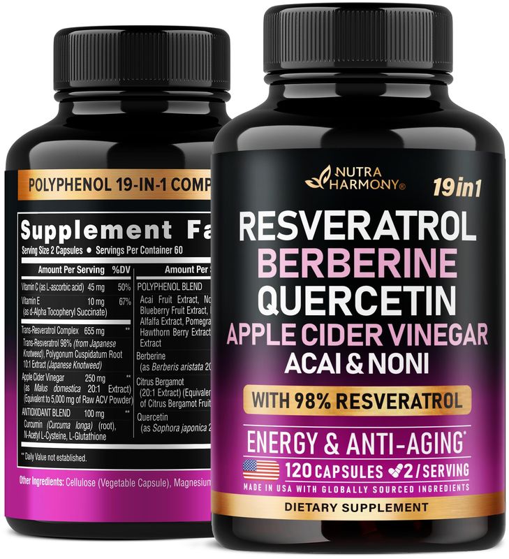 Resveratrol Supplement - 19-in-1 Organic Polyphenol Complex - Noni Extract Berberine Quercetin Apple Cider Vinegar Acai - Made in USA - Antioxidant &amp; Heart Health Support - 120 Capsules