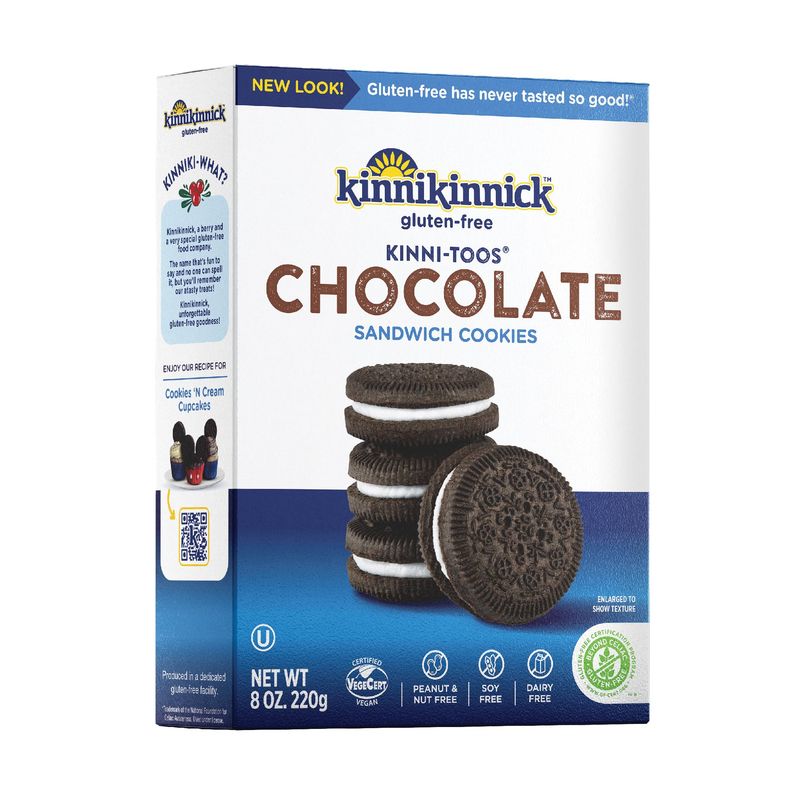 Kinnikinnick - KinniTOOS Chocolate Sandwich Cream Cookies - Gluten Free, Allergy Friendly Vegan Cookies - 8 oz. Box