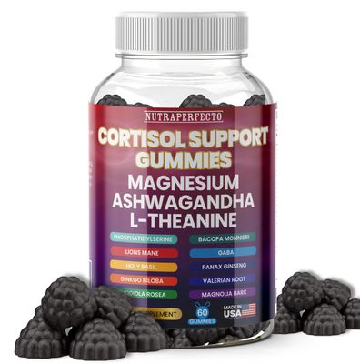 Sugar Free Gummies with GABA, L-Theanine, Lions Mane, Ashwagandha, Phosphatidylserine, Vitamin D3, B6, Panax Ginseng, Ginkgo Biloba for Men, Women Adrenal, Cortisol, Brain, Cognitive, Energy
