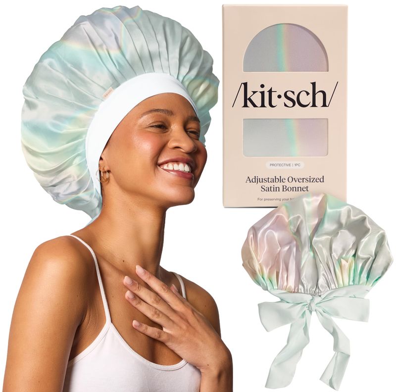 Kitsch XL Satin Bonnet for Sleeping - Softer Than Silk Hair Bonnet For Women - Secure Fit, Adjustable Night Cap For Curly &amp; Textured Hair - Prevents Breakage, Tangles &amp; Thinning - Aura